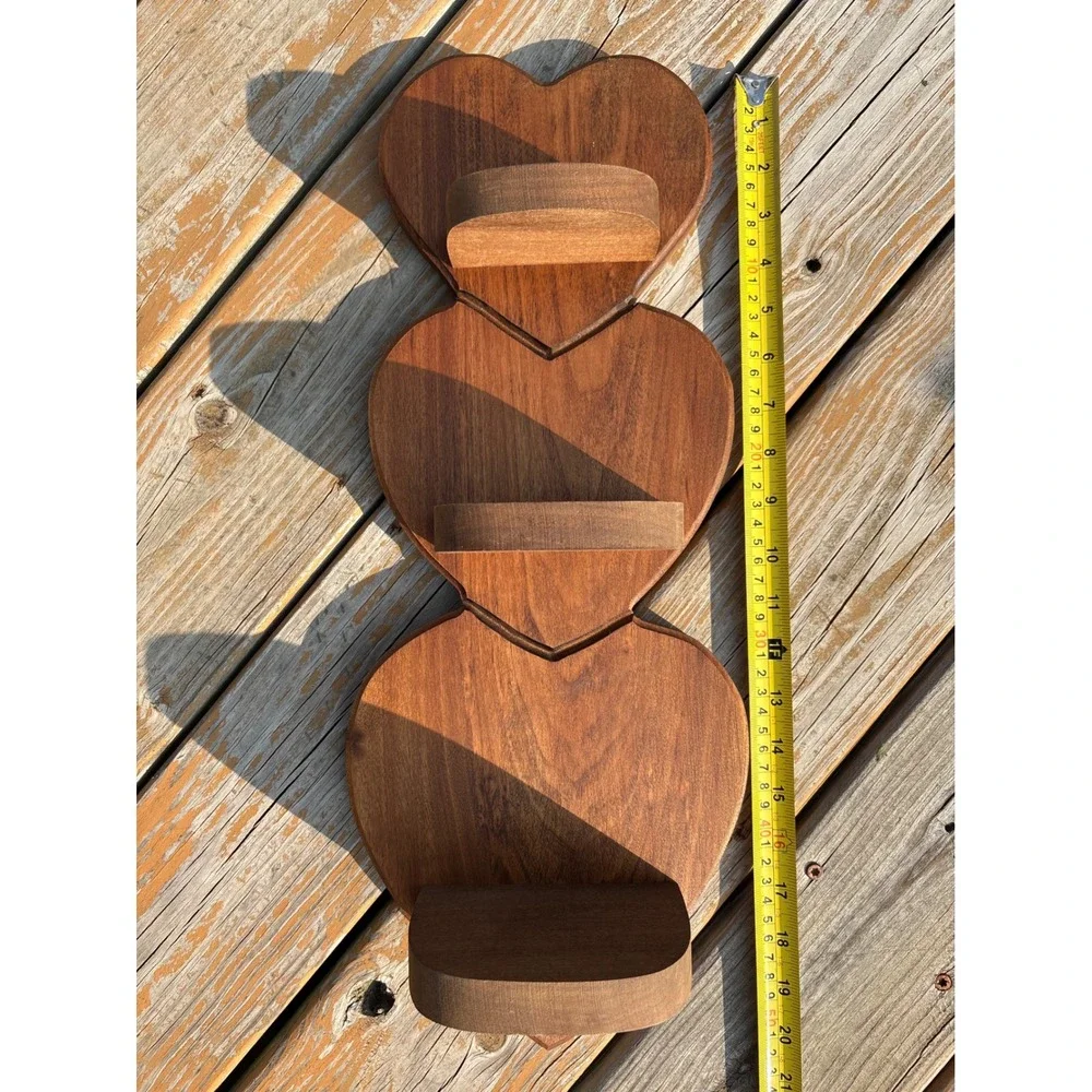 Vintage Wooden Triple Heart Wall Shelf Brown Floating Display Ledge 20 Inch